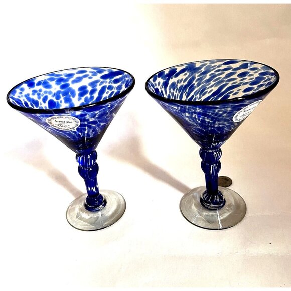 NWT - Set  2 Hand Blown Blue Confetti Martini Margarita Stem Glasses Mexican - Picture 3 of 9